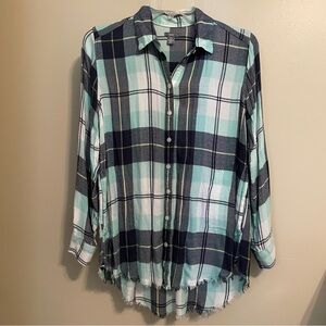 Aerie Plaid Flannel Top with Distressed Hem